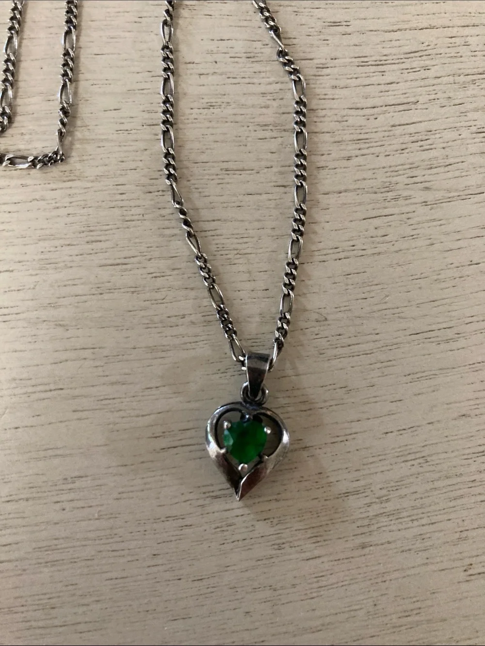 Silver Heart Pendant Necklace with Emerald Green Colored Gem